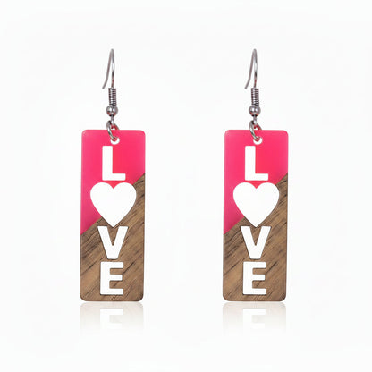 Rose Resin & Wood Silvertone 'Love' Hook Earrings