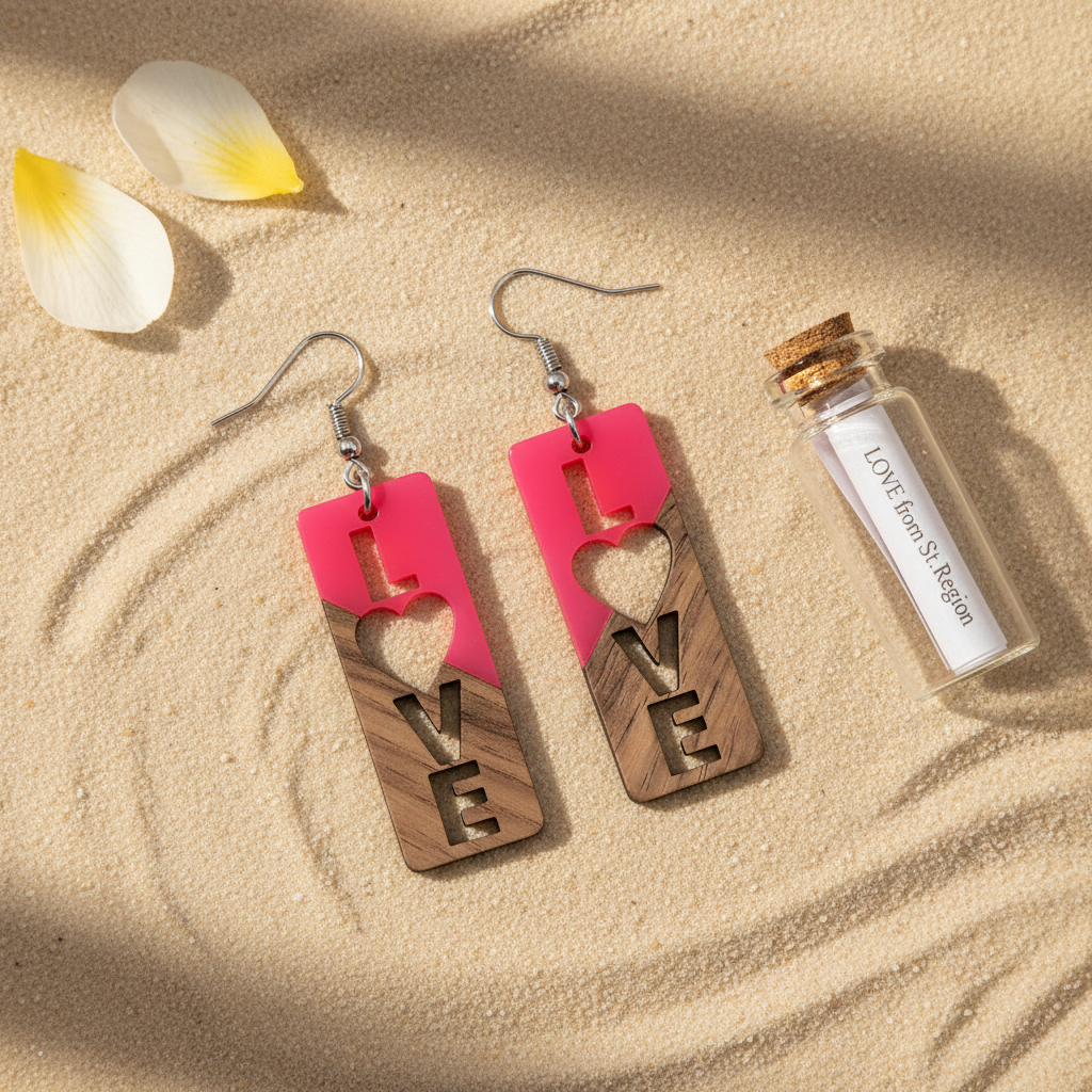 Rose Resin & Wood Silvertone 'Love' Hook Earrings