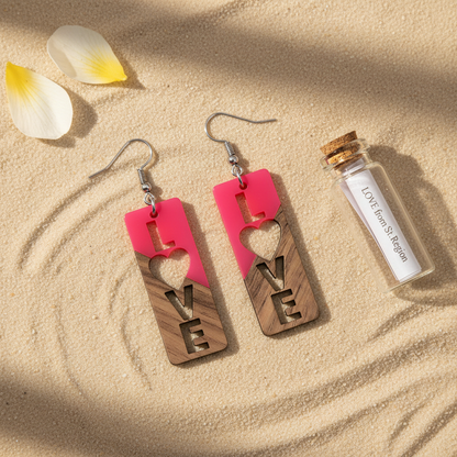 Rose Resin & Wood Silvertone 'Love' Hook Earrings