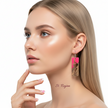 Rose Resin & Wood Silvertone 'Love' Hook Earrings