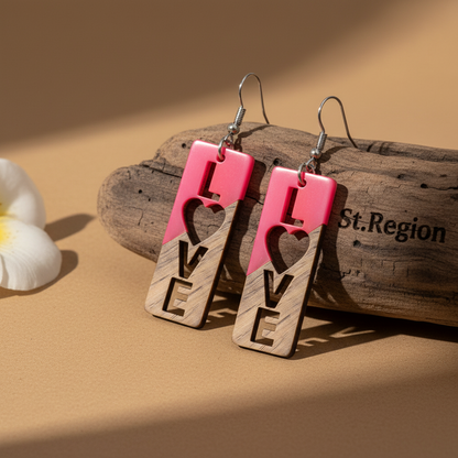 Rose Resin & Wood Silvertone 'Love' Hook Earrings