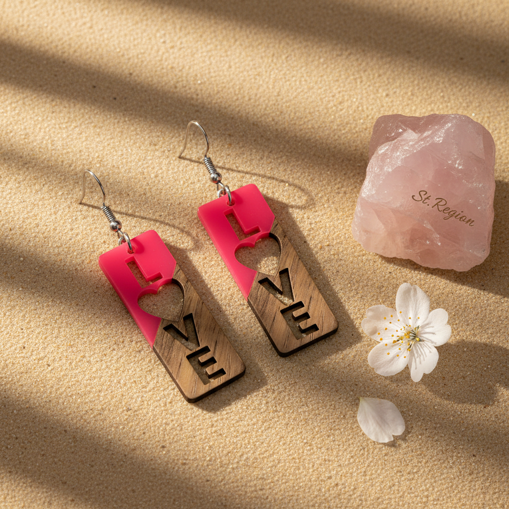 Rose Resin & Wood Silvertone 'Love' Hook Earrings