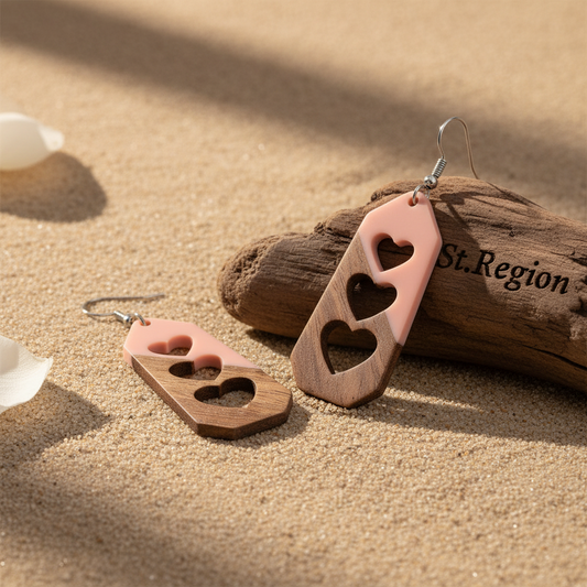 Pink Resin & Wood Silvertone Graduated Heart Hook Earrings