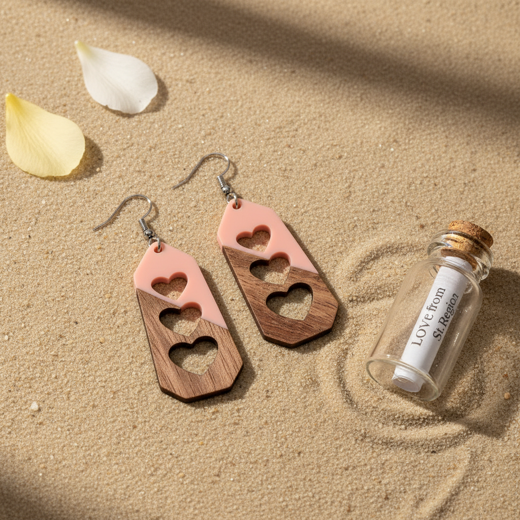 Pink Resin & Wood Silvertone Graduated Heart Hook Earrings
