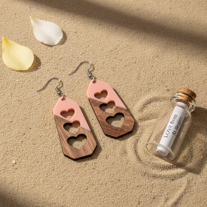Pink Resin & Wood Silvertone Graduated Heart Hook Earrings