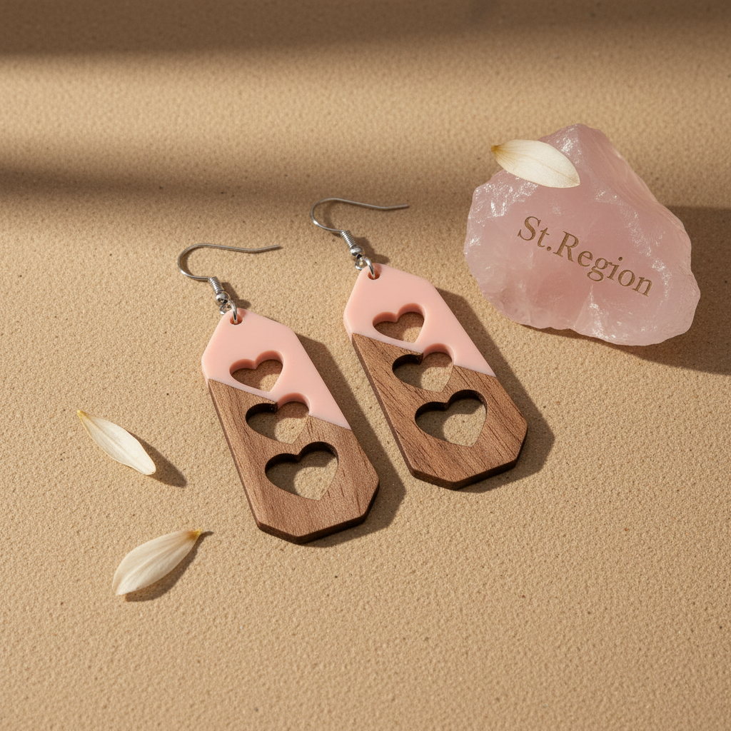 Pink Resin & Wood Silvertone Graduated Heart Hook Earrings