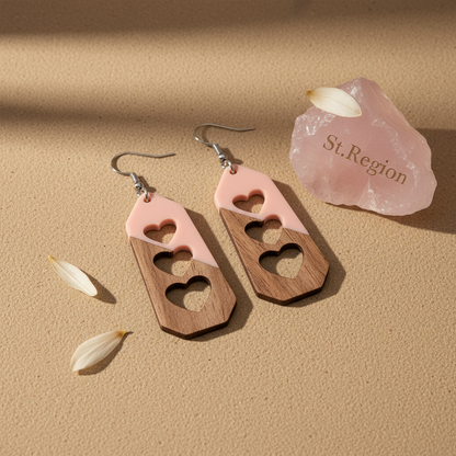 Pink Resin & Wood Silvertone Graduated Heart Hook Earrings