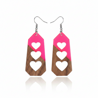 Rose Resin & Wood Silvertone Graduated Heart Hook Earrings