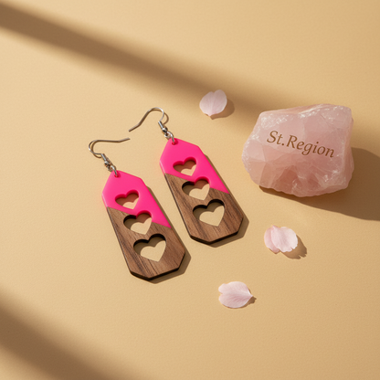 Rose Resin & Wood Silvertone Graduated Heart Hook Earrings