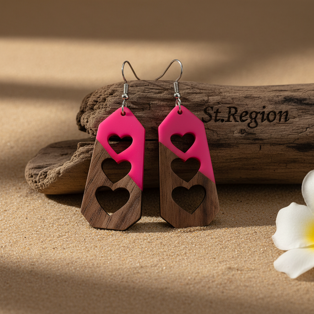 Rose Resin & Wood Silvertone Graduated Heart Hook Earrings