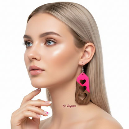 Rose Resin & Wood Silvertone Graduated Heart Hook Earrings