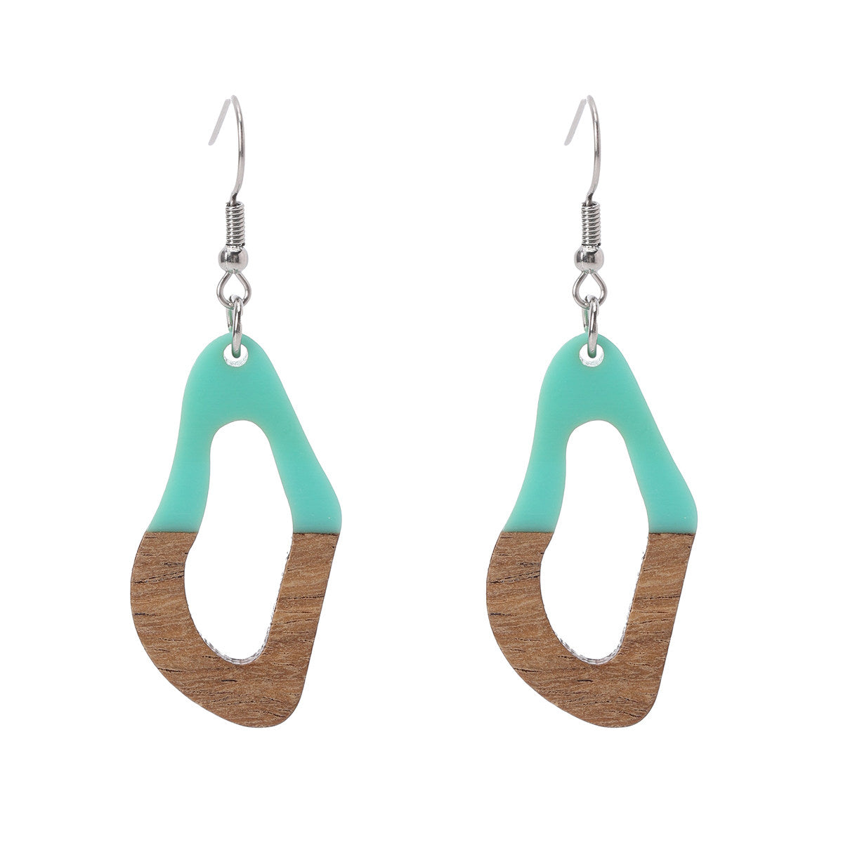 Green Resin & Wood Silvertone Irregular Teardrop Hook Earrings