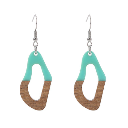 Green Resin & Wood Silvertone Irregular Teardrop Hook Earrings