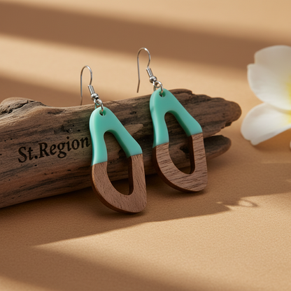 Green Resin & Wood Silvertone Irregular Teardrop Hook Earrings