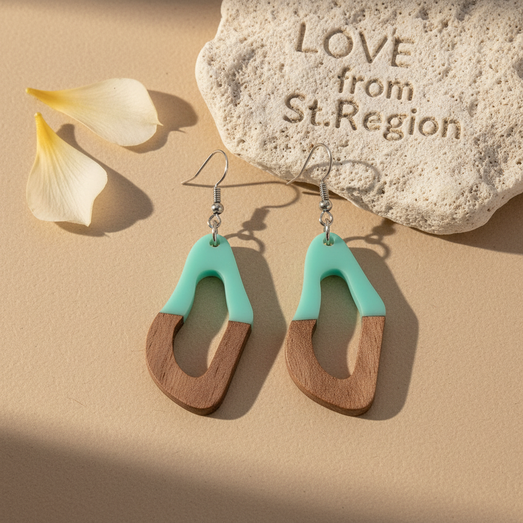 Green Resin & Wood Silvertone Irregular Teardrop Hook Earrings