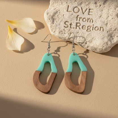 Green Resin & Wood Silvertone Irregular Teardrop Hook Earrings