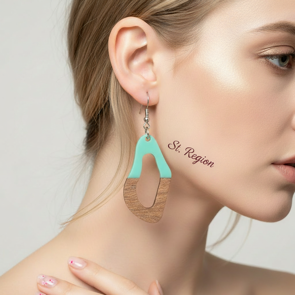 Green Resin & Wood Silvertone Irregular Teardrop Hook Earrings