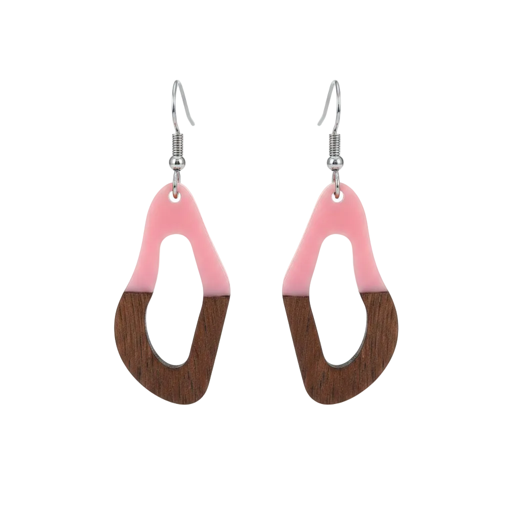 Pink Resin & Wood Silvertone Irregular Teardrop Hook Earrings