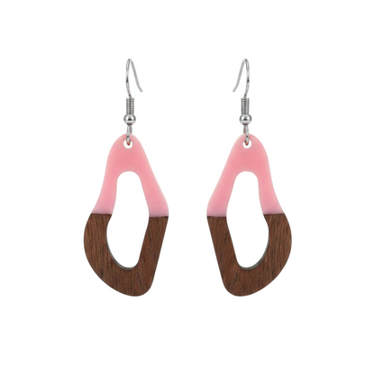Pink Resin & Wood Silvertone Irregular Teardrop Hook Earrings