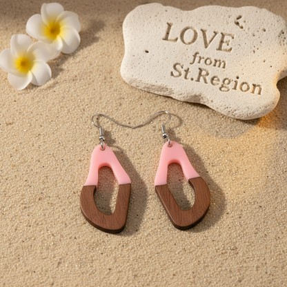Pink Resin & Wood Silvertone Irregular Teardrop Hook Earrings