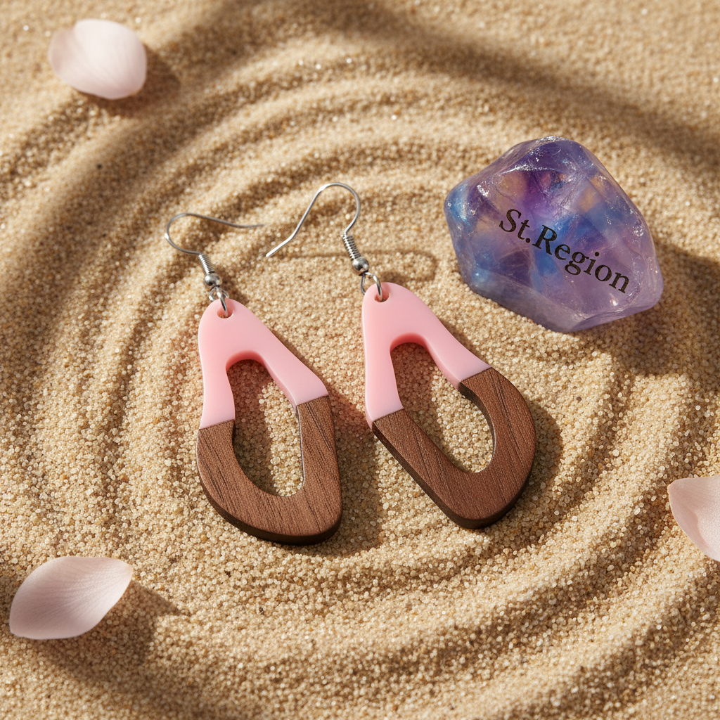 Pink Resin & Wood Silvertone Irregular Teardrop Hook Earrings