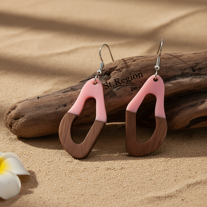 Pink Resin & Wood Silvertone Irregular Teardrop Hook Earrings