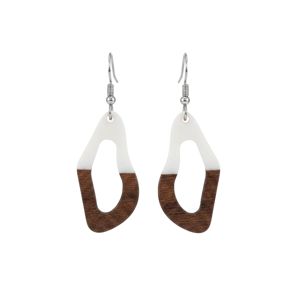 White Resin & Wood Silvertone Irregular Teardrop Hook Earrings