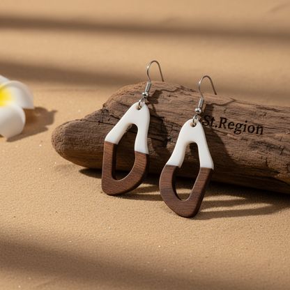 White Resin & Wood Silvertone Irregular Teardrop Hook Earrings