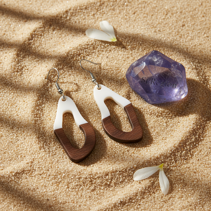 White Resin & Wood Silvertone Irregular Teardrop Hook Earrings