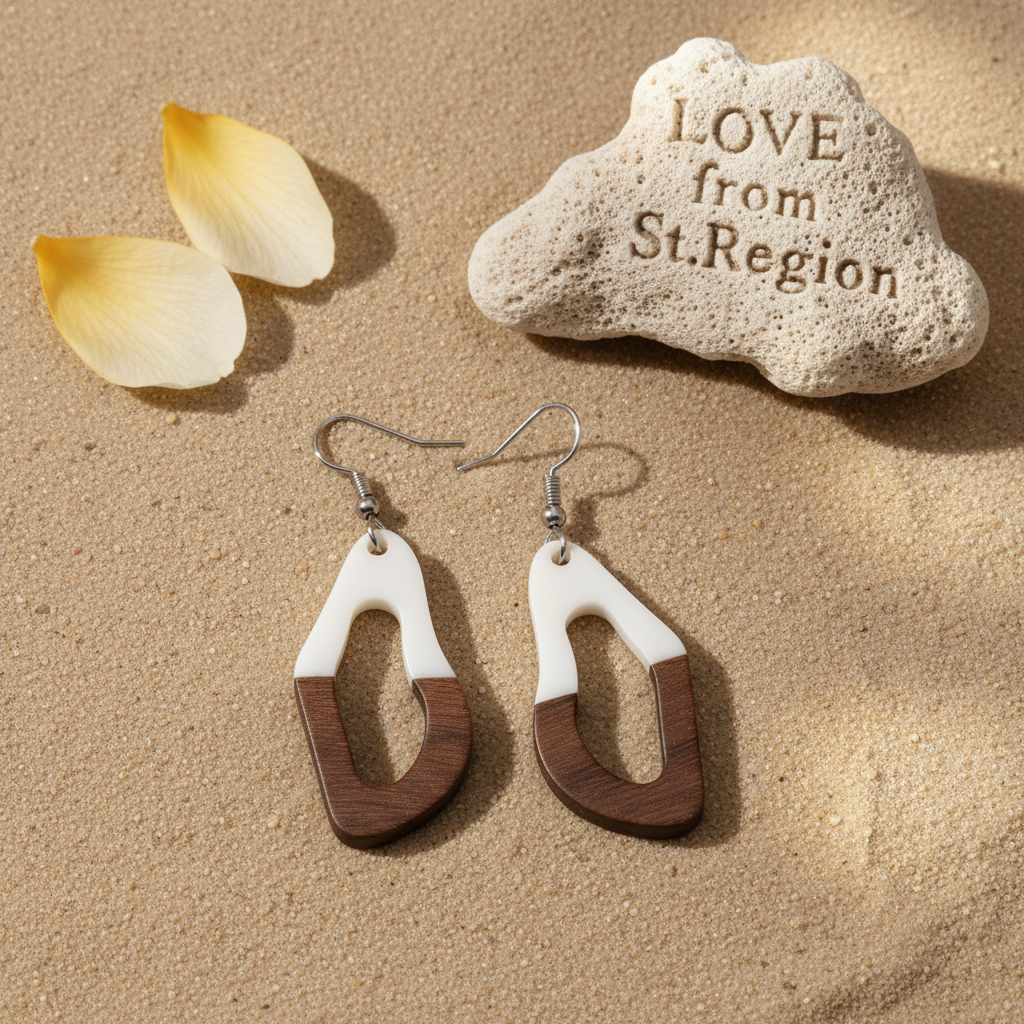 White Resin & Wood Silvertone Irregular Teardrop Hook Earrings