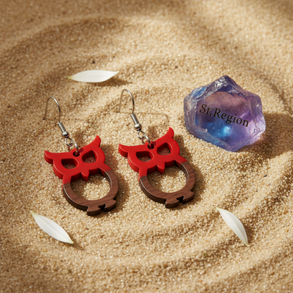 Red Resin & Wood Silvertone Owl Hook Earrings