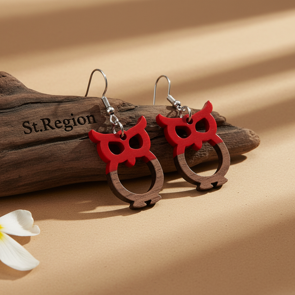 Red Resin & Wood Silvertone Owl Hook Earrings
