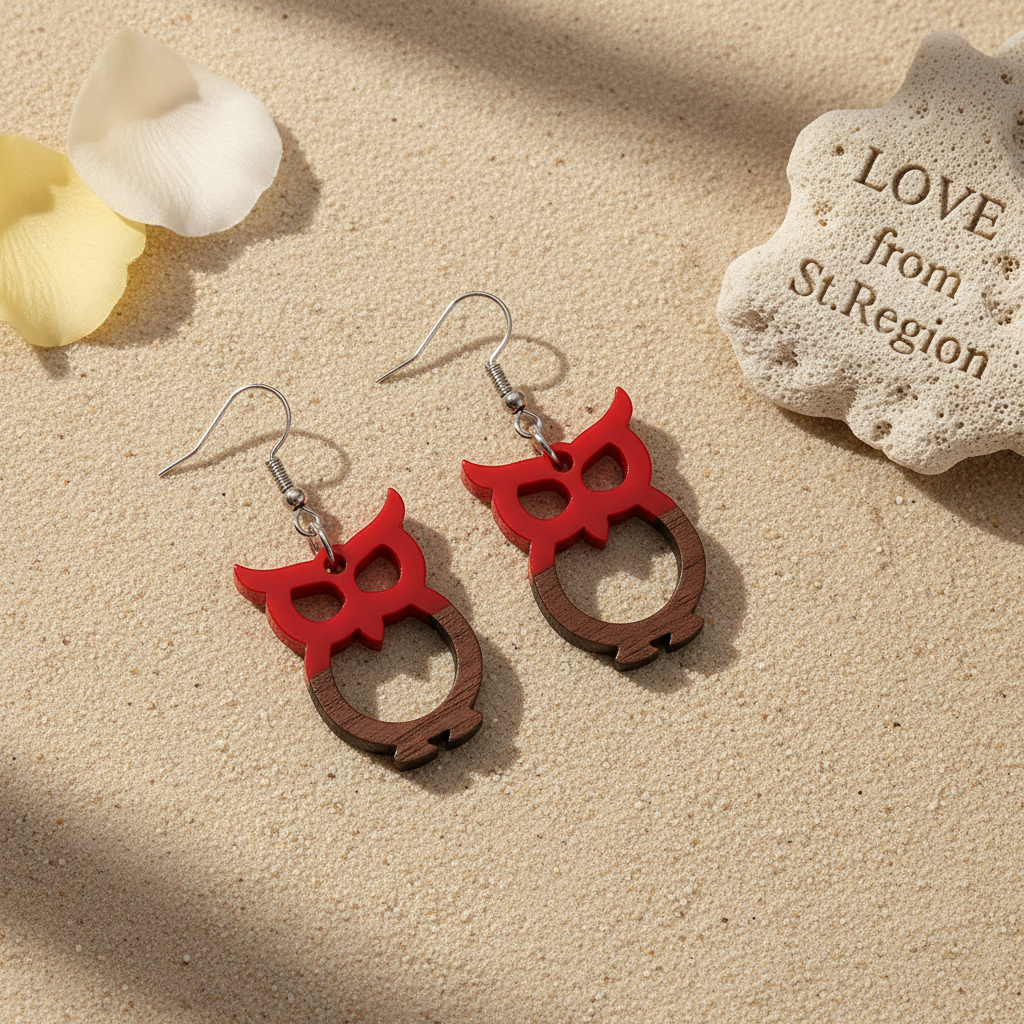 Red Resin & Wood Silvertone Owl Hook Earrings