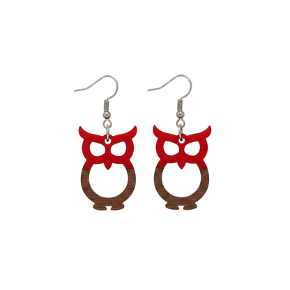 Red Resin & Wood Silvertone Owl Hook Earrings