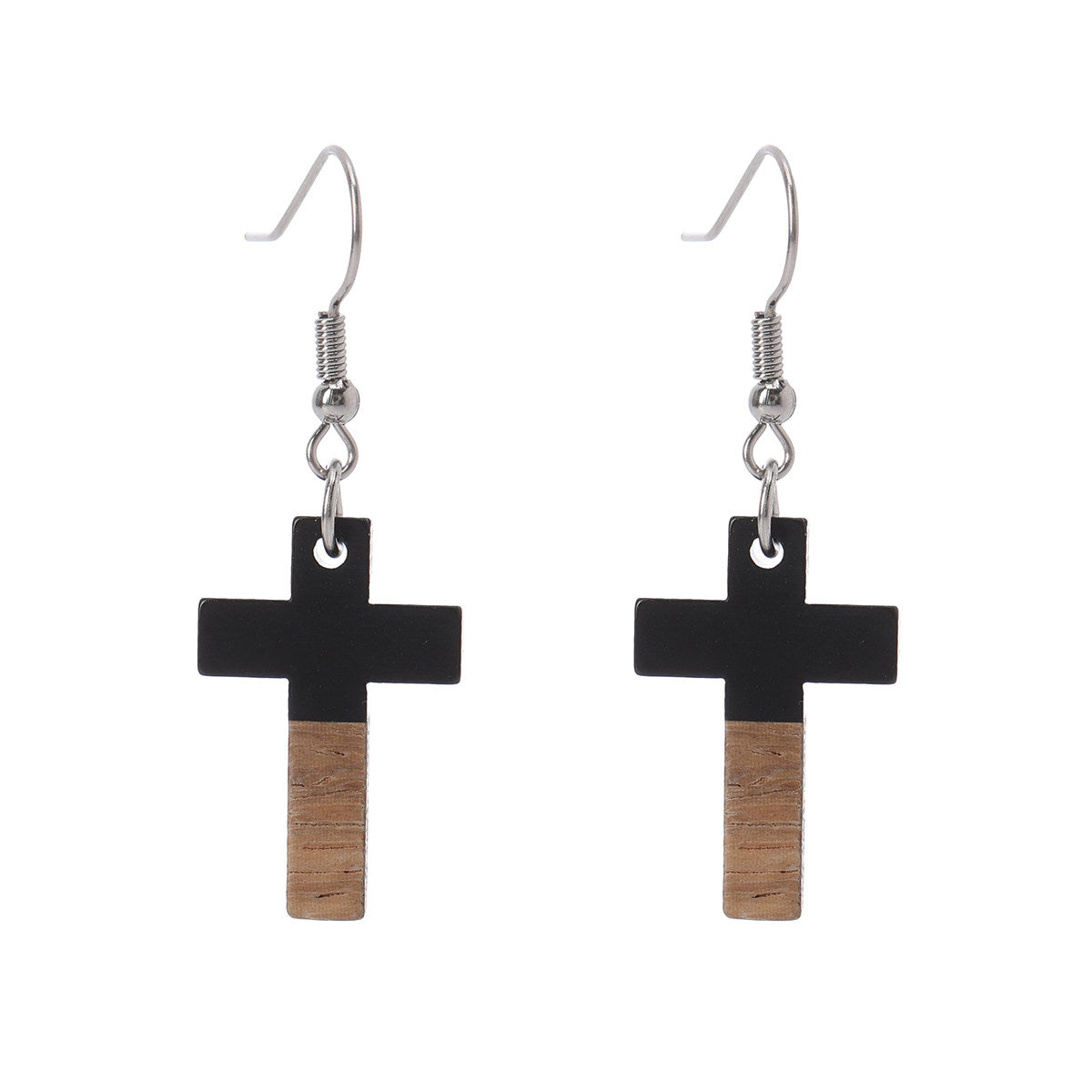 Black Resin & Wood Silvertone Cross Hook Earrings