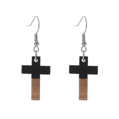 Black Resin & Wood Silvertone Cross Hook Earrings