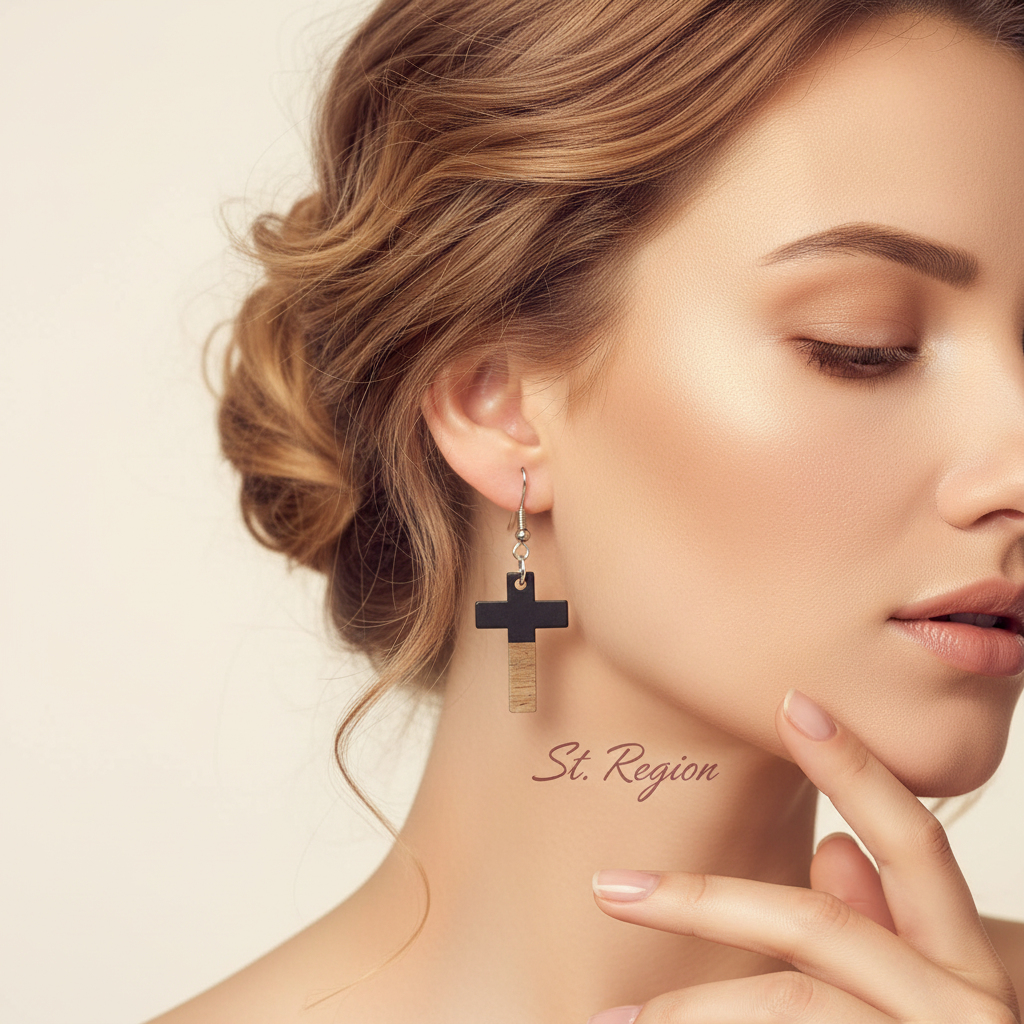 Black Resin & Wood Silvertone Cross Hook Earrings