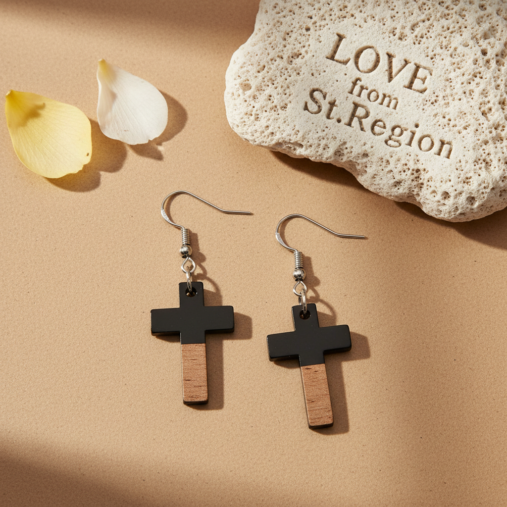 Black Resin & Wood Silvertone Cross Hook Earrings