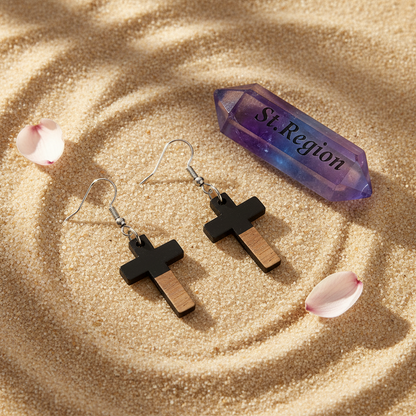 Black Resin & Wood Silvertone Cross Hook Earrings
