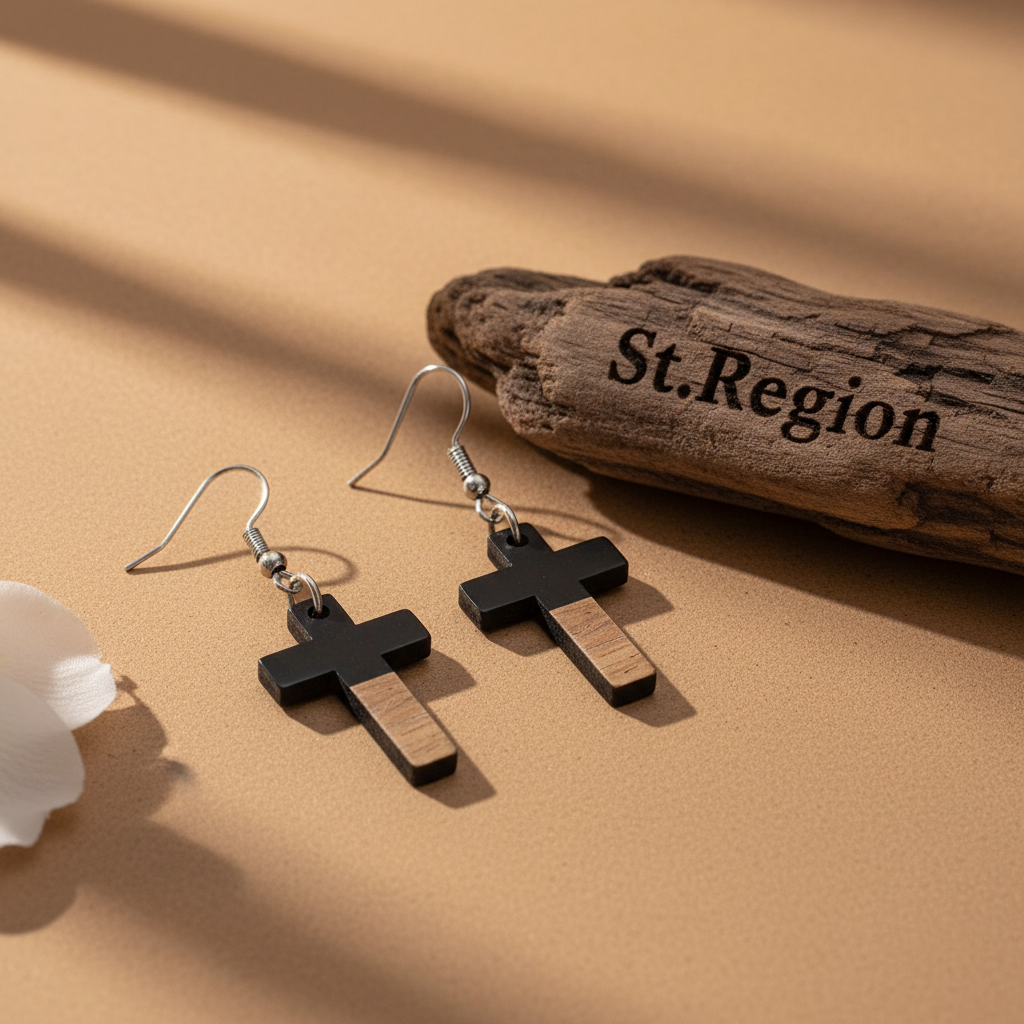 Black Resin & Wood Silvertone Cross Hook Earrings