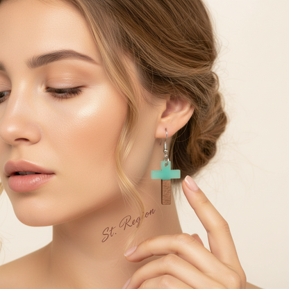 Green Resin & Wood Silvertone Cross Hook Earrings