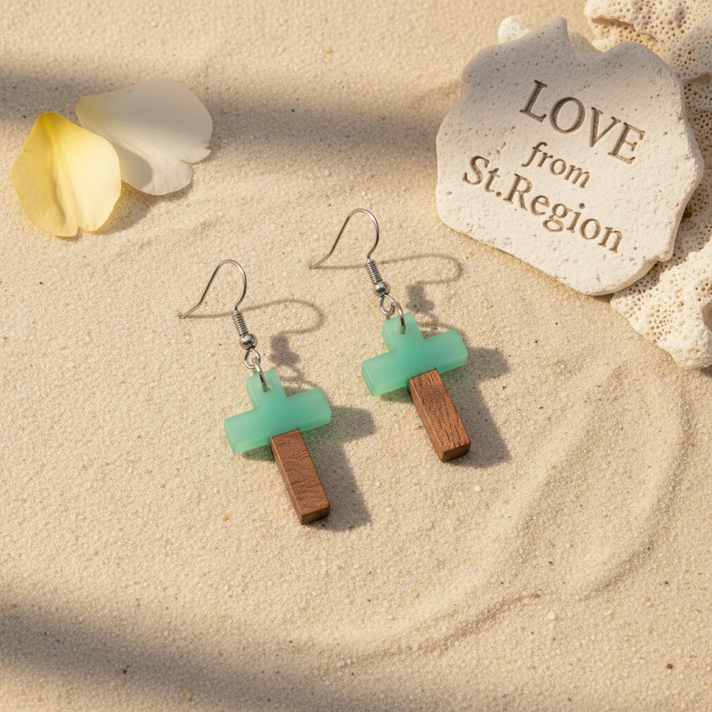 Green Resin & Wood Silvertone Cross Hook Earrings
