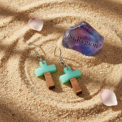 Green Resin & Wood Silvertone Cross Hook Earrings