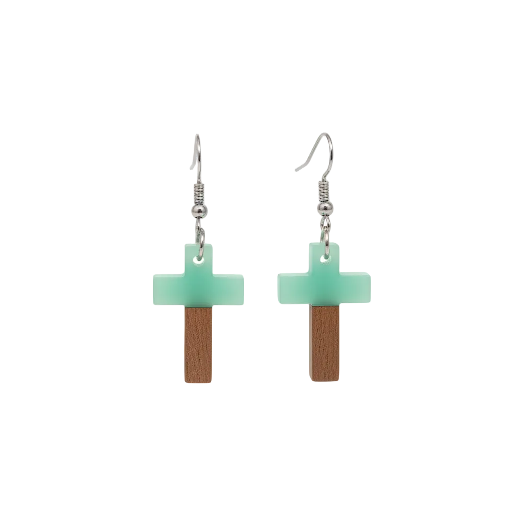 Green Resin & Wood Silvertone Cross Hook Earrings