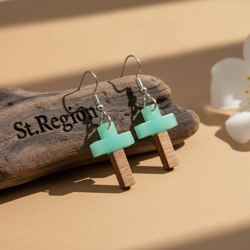 Green Resin & Wood Silvertone Cross Hook Earrings