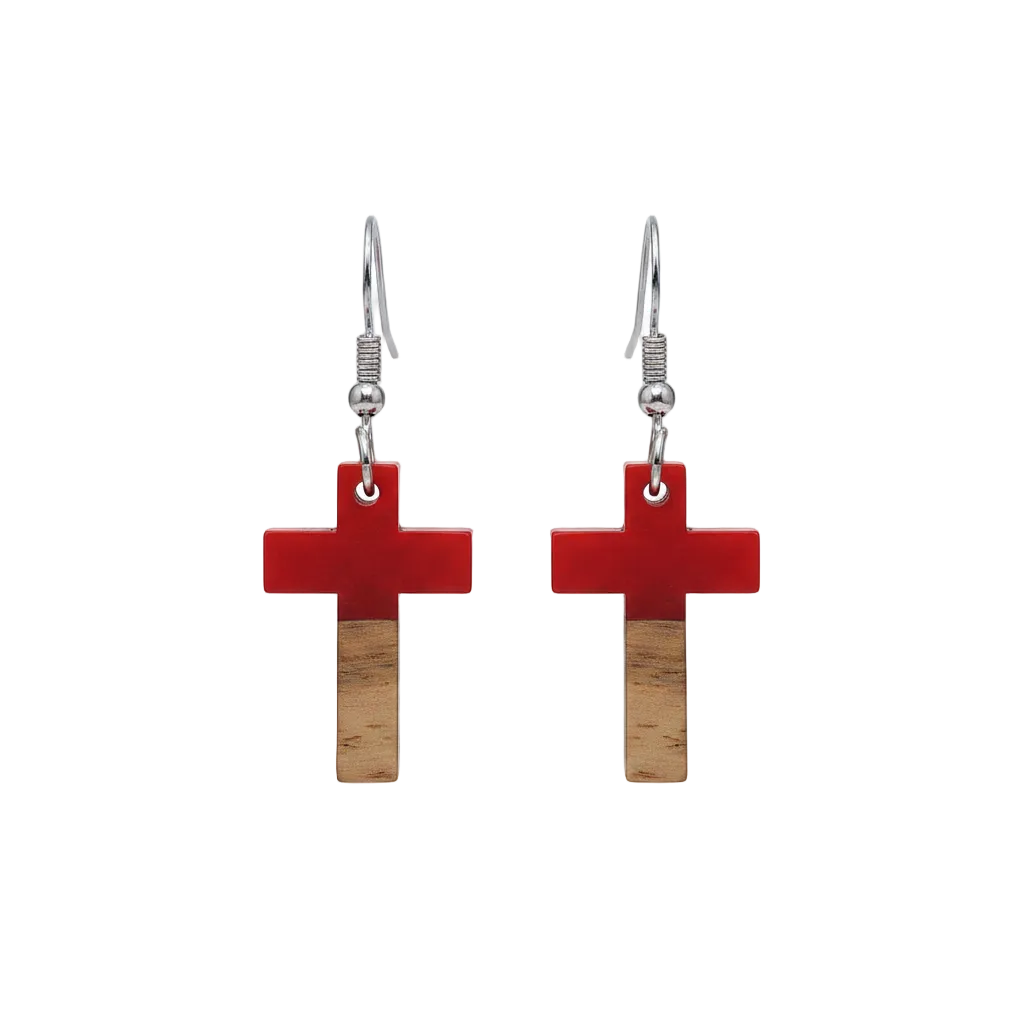 Red Resin & Wood Silvertone Cross Hook Earrings