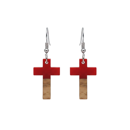Red Resin & Wood Silvertone Cross Hook Earrings