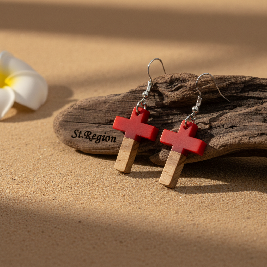 Red Resin & Wood Silvertone Cross Hook Earrings