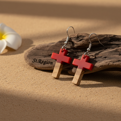 Red Resin & Wood Silvertone Cross Hook Earrings