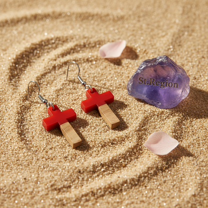 Red Resin & Wood Silvertone Cross Hook Earrings